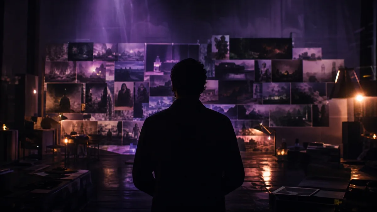 Direction artistique : mur de références dans un studio sombre