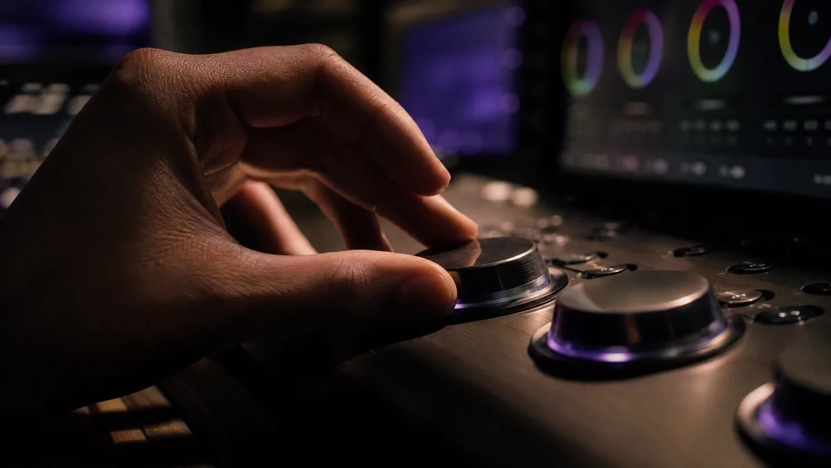 Étalonnage : main sur console dans la pénombre