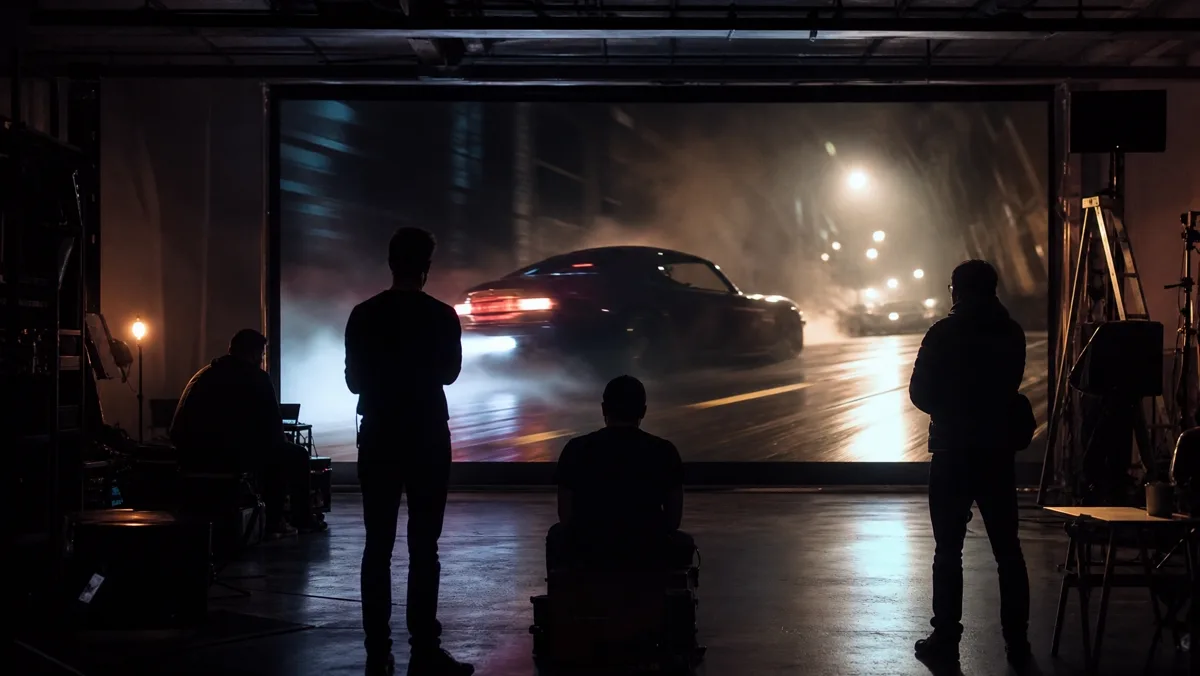 L'équipe devant l'écran géant, plan automobile lumineux