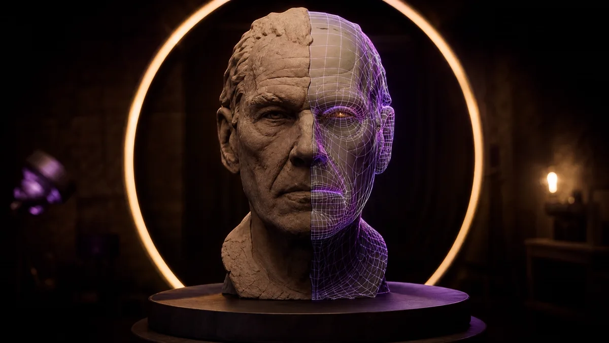 Tête 3D stylisée sur son socle, wireframe apparent