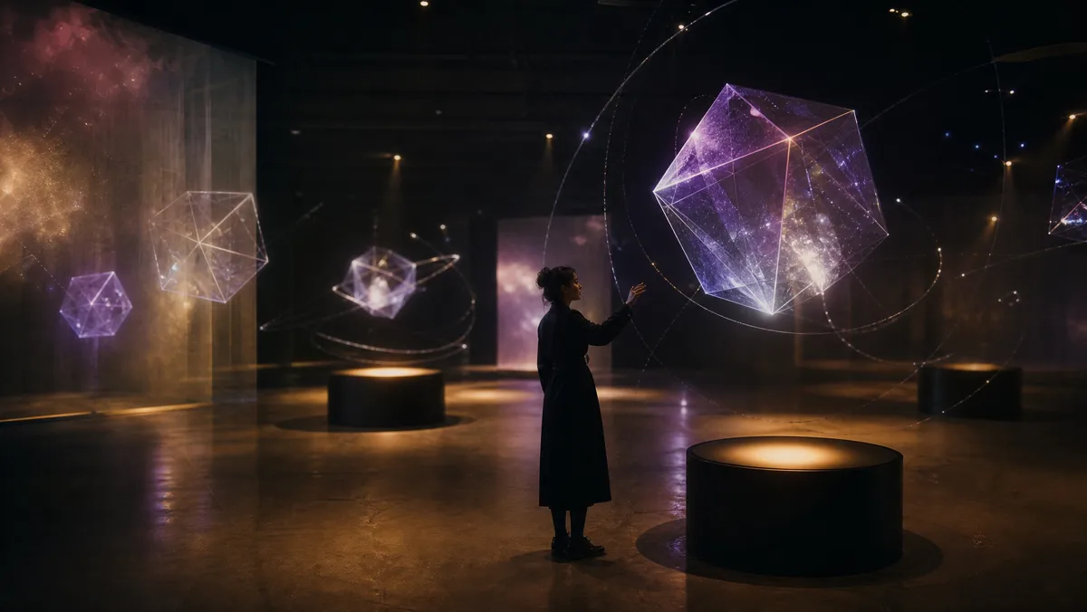 Hologrammes géométriques flottant dans la galerie