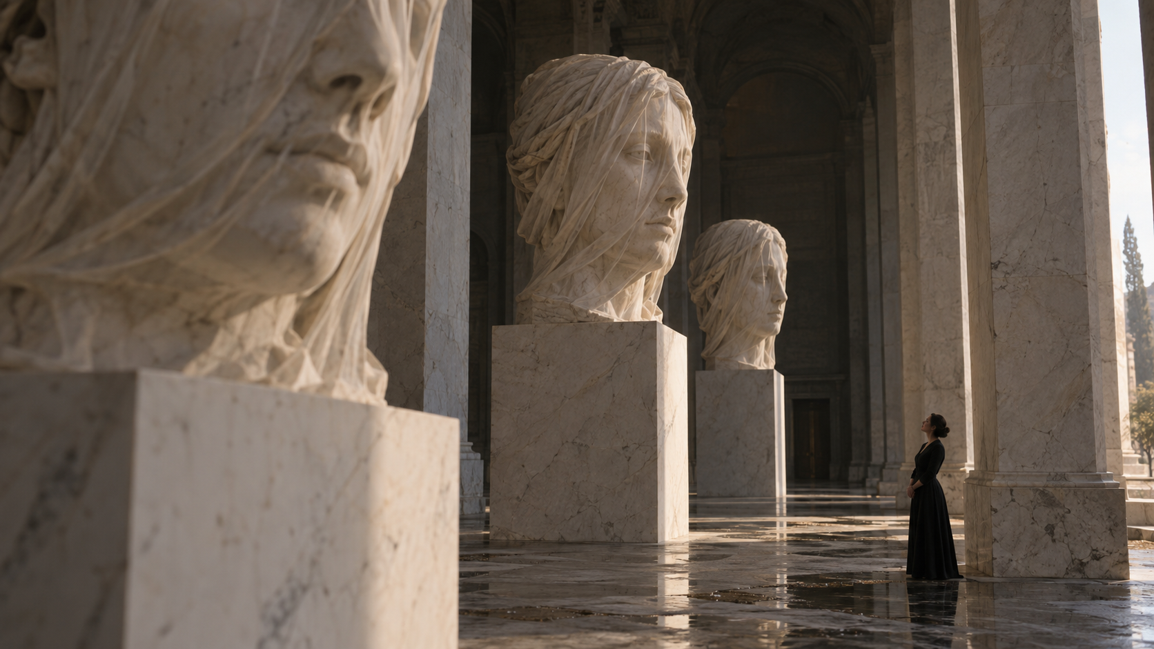 Galerie monumentale de portraits sculptés, avec une petite silhouette humaine